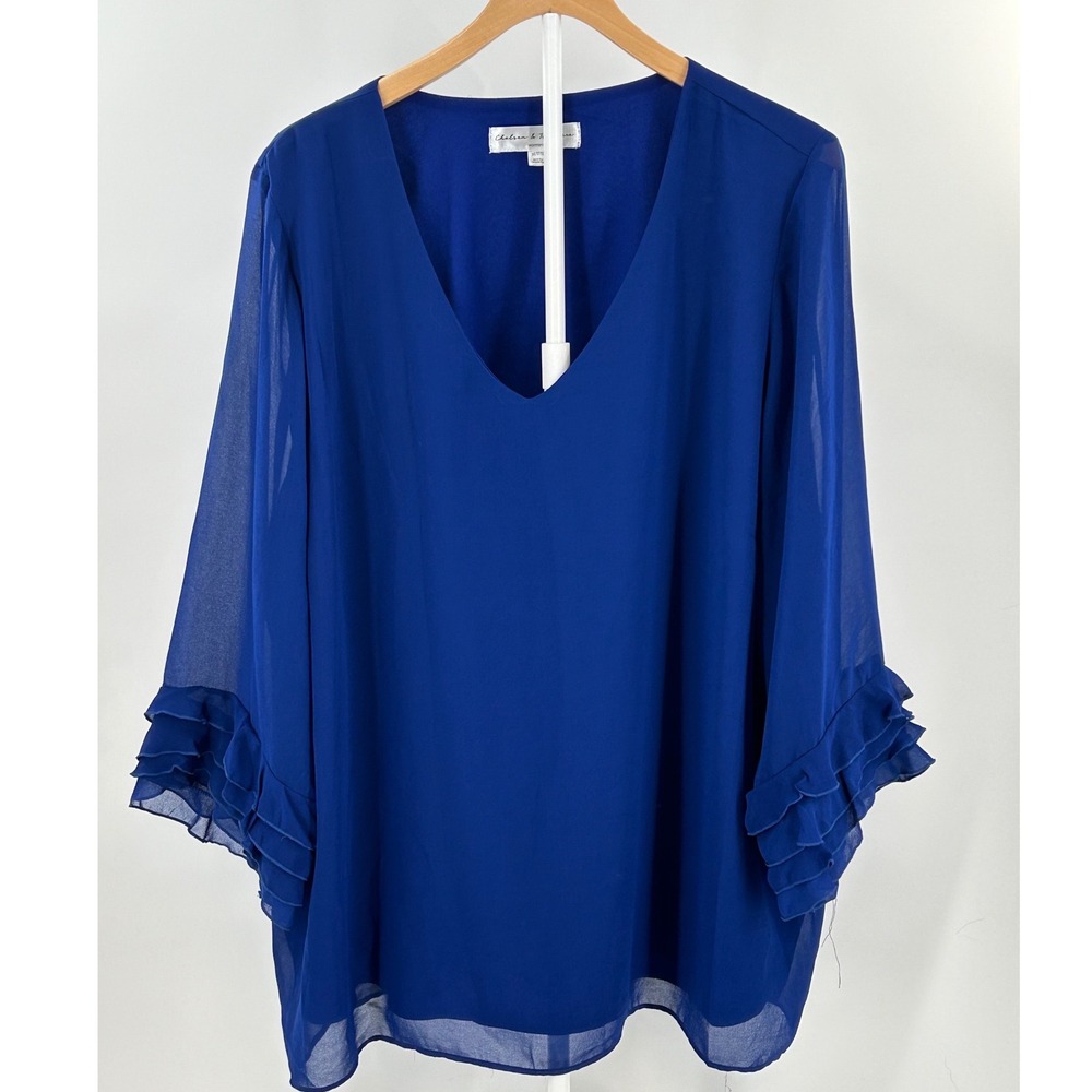 Chelsea & Theodore Royal Blue V-Neck Ruffle Cuff Chiffon Blouse Plus Size 3X